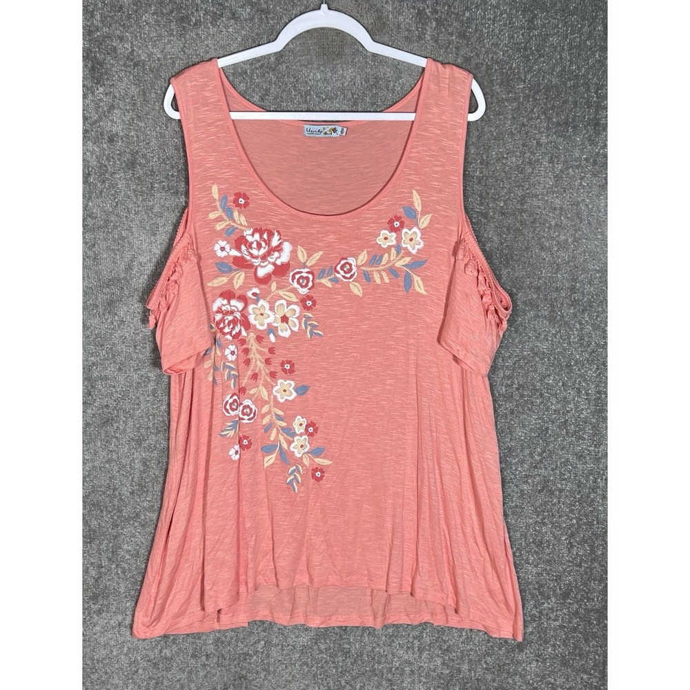 Unity World Wear Puff Paint Floral Slub Top Womens Size 3X Peach Cold Shoulder